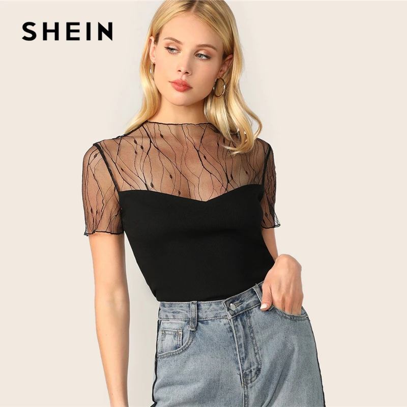 SHEIN Трикотажный Топ С Сетчатыми Вставками Женский Черный Летний Элегантный Топ С Короткими Рукавами И Стоячим Воротником
