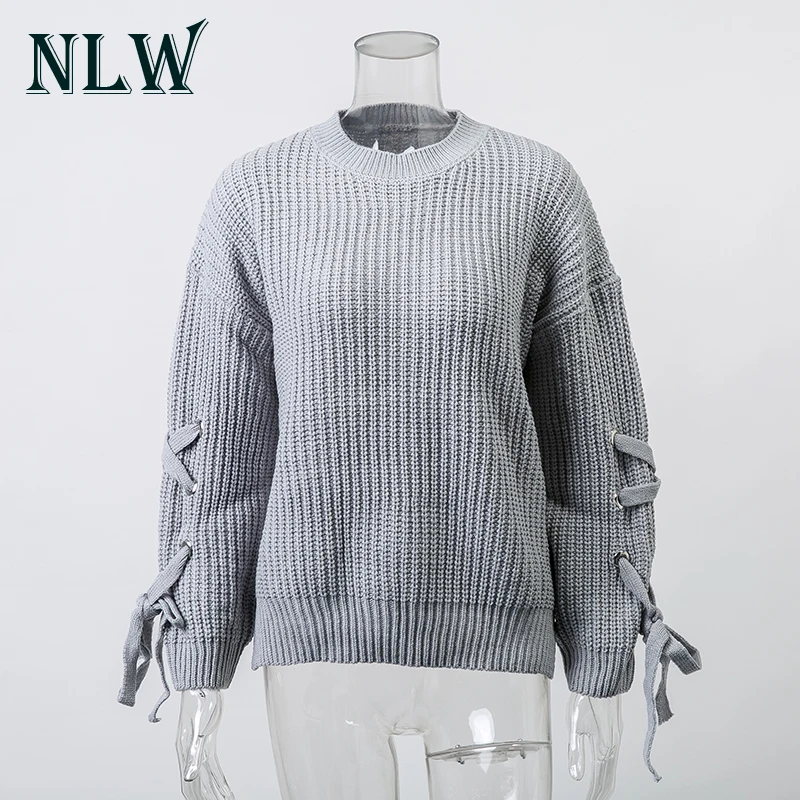 NLW Lace Up Long Sleeve Grey Women Sweaters O Neck Knitted Pullovers Casual Black Jumpers 2017 Autumn Winter Warm Sweater Jumper | Женская