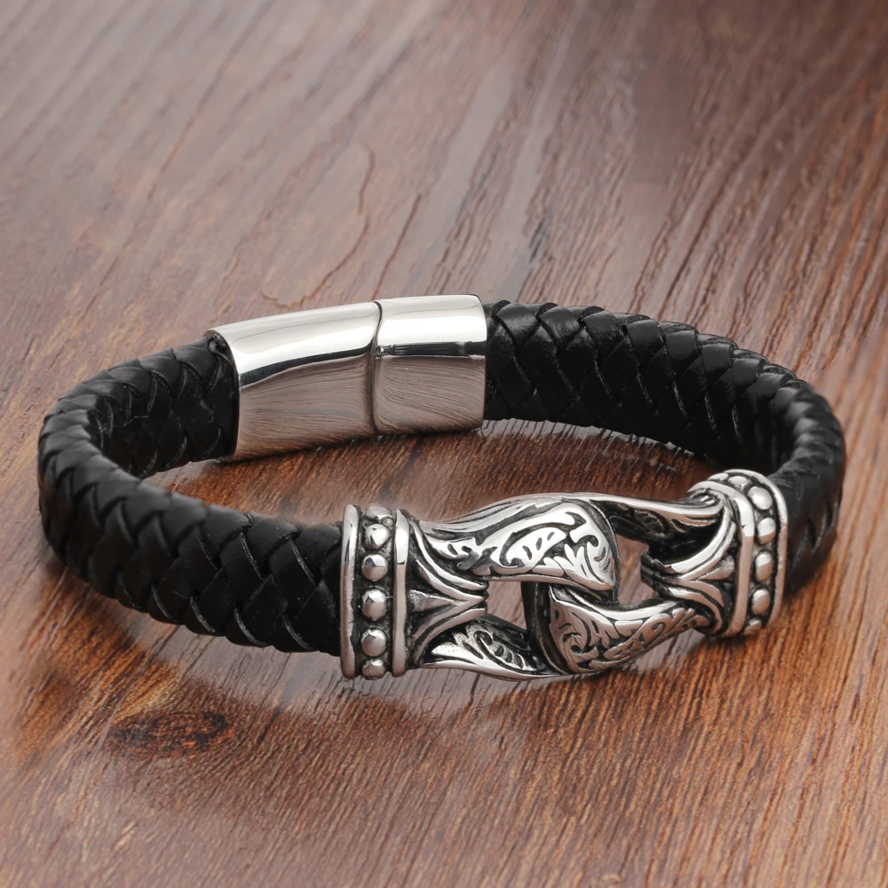 Натуральная кожа браслет мужской нержавеющей стали Braid с магнитной застежкой