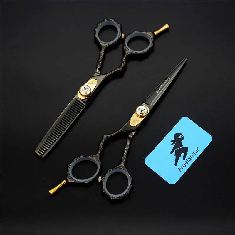 black set 5,5 дюймовые цветные бамбуковые ручки с левой ручкой для стрижки зубов, тонкие ножницы с левой и левой стороны, инструмент для стрижки - Цвет: black set