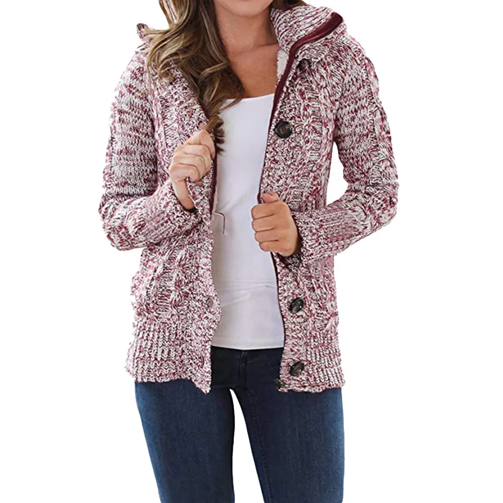 Розовый Женский тонкий вязаный свитер с капюшоном, пальто для женщин, зимнее пальто на пуговицах, верхняя одежда, свитер, кардиганы, пальто с карманом A8 - Цвет: Розовый