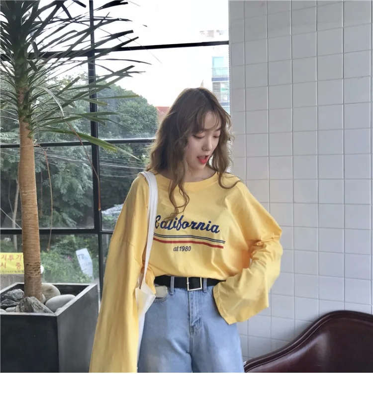Женская футболка в Корейском стиле Ulzzang Harajuku, Повседневная футболка с буквенным принтом и длинным рукавом для женщин, свободная желтая футболка с круглым вырезом, топы