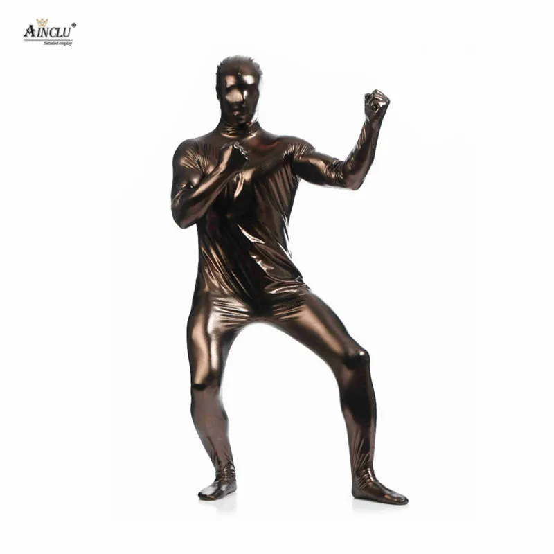 Ainclu цельнокроеный коричневый клей металлик Zentai для хеллоуина Блестящий спандекс