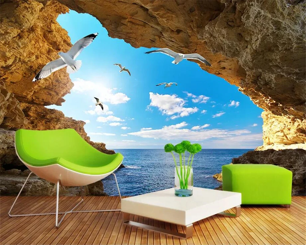 Фотообои beibehang на заказ 3D синее небо белые облака Чайка пещера пейзаж Настенные
