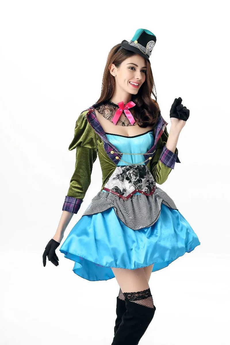 Новинка, женский сексуальный костюм принцессы Mad Hatter синего цвета, эротическое мини-платье, костюм Алисы для косплея, атласная Роскошная нарядная кружевная одежда, костюм для девочек