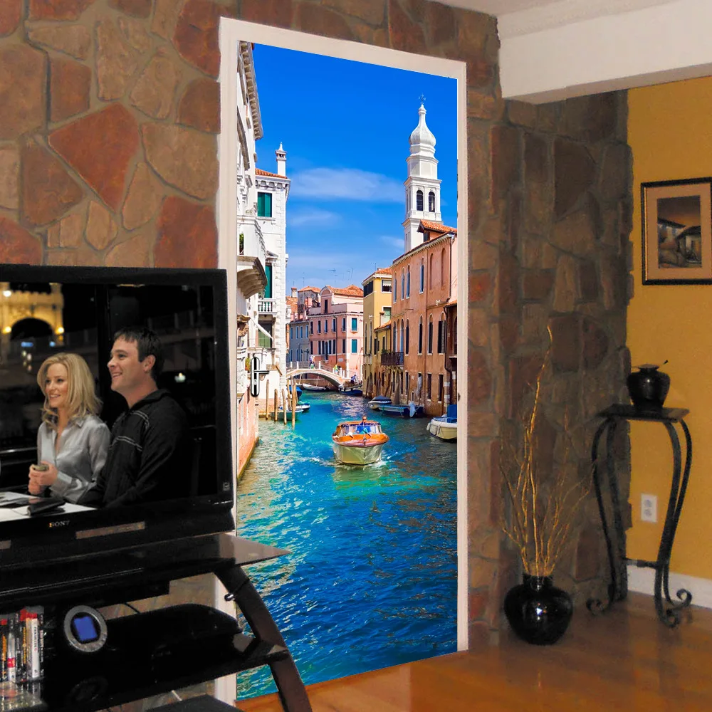 DIY 3D двери Lanscape художественные наклейки на двери съемные самоклеющиеся ПВХ обои autocollant porte наклейки для домашнего декора