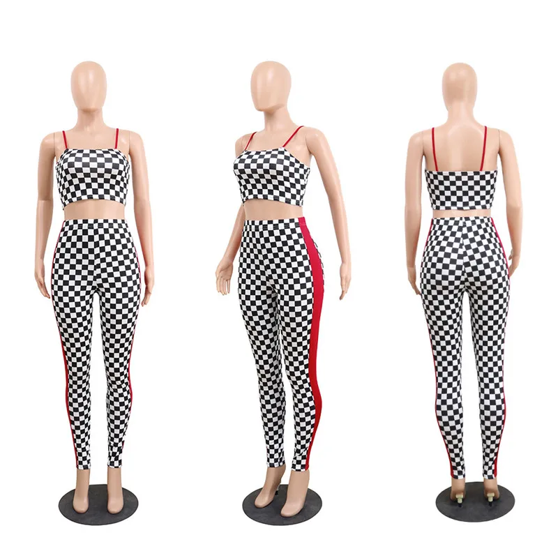 Checkerboard сексуальный женский комплект 2 шт. укороченный топ и стрейч карандаш брюки спандекс летняя одежда спортивный костюм Клубная одежда D35AC33
