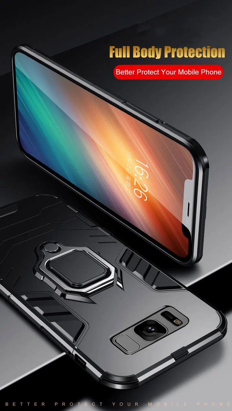 Анти-шок Броня чехол для Samsung Galaxy S8 S9 S10 плюс S10e примечание 9 J6 A7 Kickstand ПК случаях палец кольцо Автомобиля Магнитный стенд