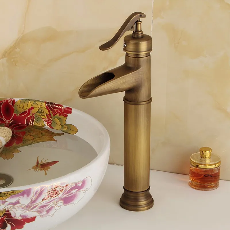 Basin Faucets Antique Brass Waterfall Bathroom vessel Sink Faucet Single Handle Hole Deck Wash Mixer Water Tap WC Taps | Обустройство