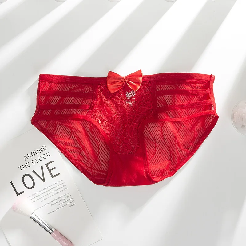 red SP& CITY прозрачные однотонные бесшовные трусики женские кружевные с вышивкой бантик сексуальное нижнее белье стринги для секса цветочное открытое нижнее белье Танга - Цвет: red