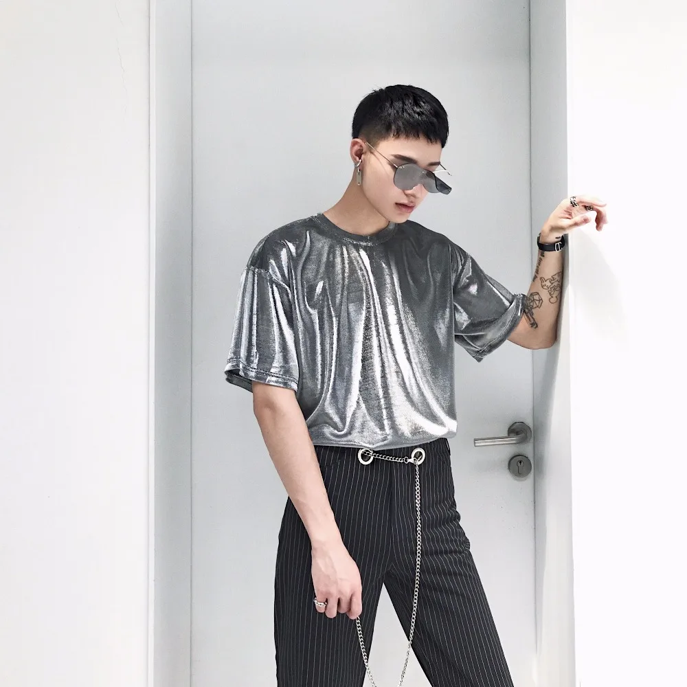 2018 New women and men's clothing Hair Stylist GD Fashion Original Street Bright silver wire reflector knit T- Shirt costumes | Мужская