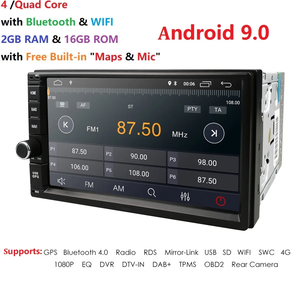 2 Din Универсальный Android 9,0 2GB ram 7 ''четырехъядерный автомобильный Радио стерео WiFi 1024*600 рулевое колесо RDS SWC CAM DAB OBD автомобильное аудио