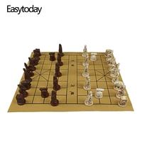 easytoday chinese chess games synthetic leather chessboard chinese terracotta warriors resin chess pieces table games birthday