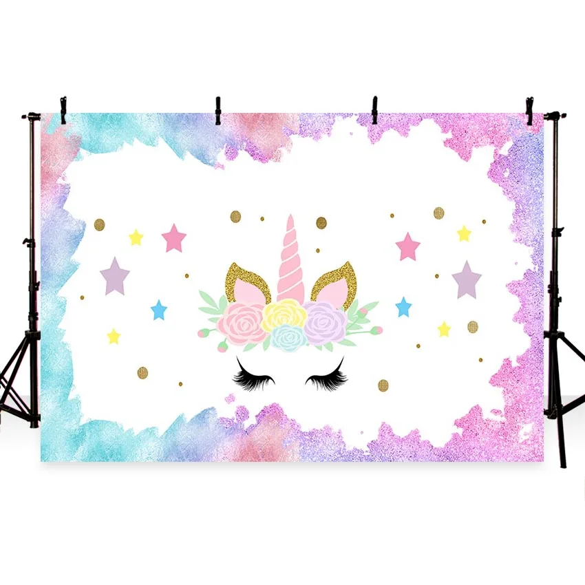 7x5FT Pink Flowers Stars Polka Dots Gold Unicorn Horn Baby Shower Custom Photo Studio Background Backdrop Vinyl 220cm x 150cm|Фон для