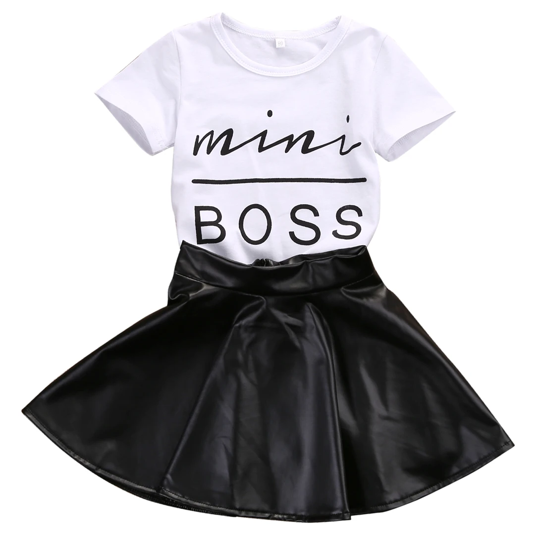

2pcs Baby Girls Kids Cotton Short Sleeve Shirt Letter Print PU Skirts Casual Outfits Clothes Set 1-6Y
