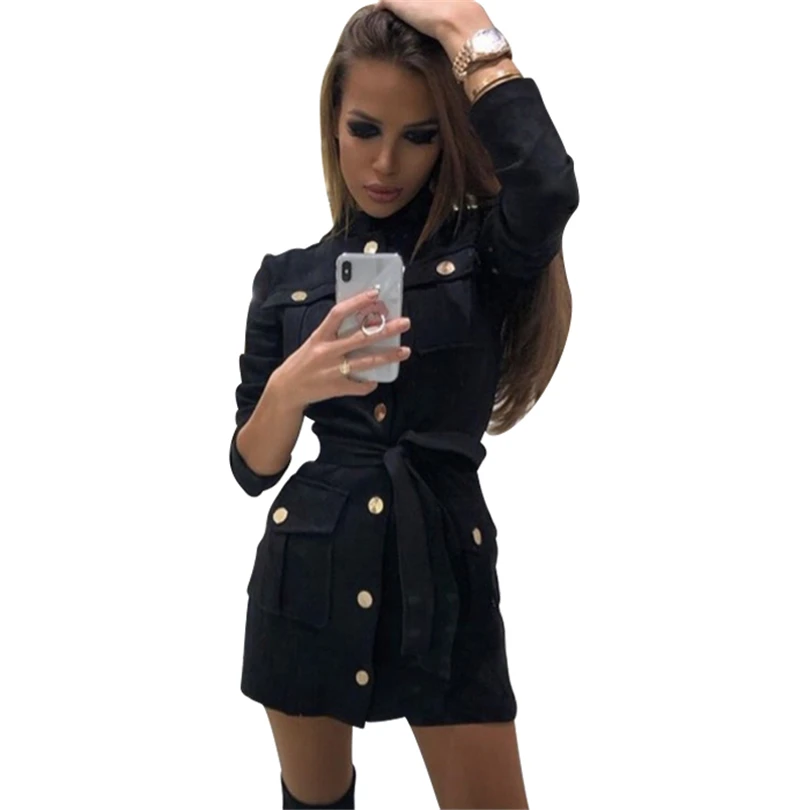 Женское короткое платье с поясом MVGIRLRU, черное однобортное платье-блузка со стоячим воротником и с карманами