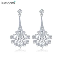 luoteemi luxury sparkly pure clear crystal zircon paved pendant earrings for women white gold color for wedding wholesale