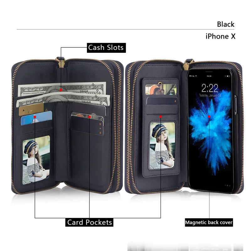 Роскошный кожаный чехол-кошелек на молнии для iPhone XS Max XR X 8 7 Plus