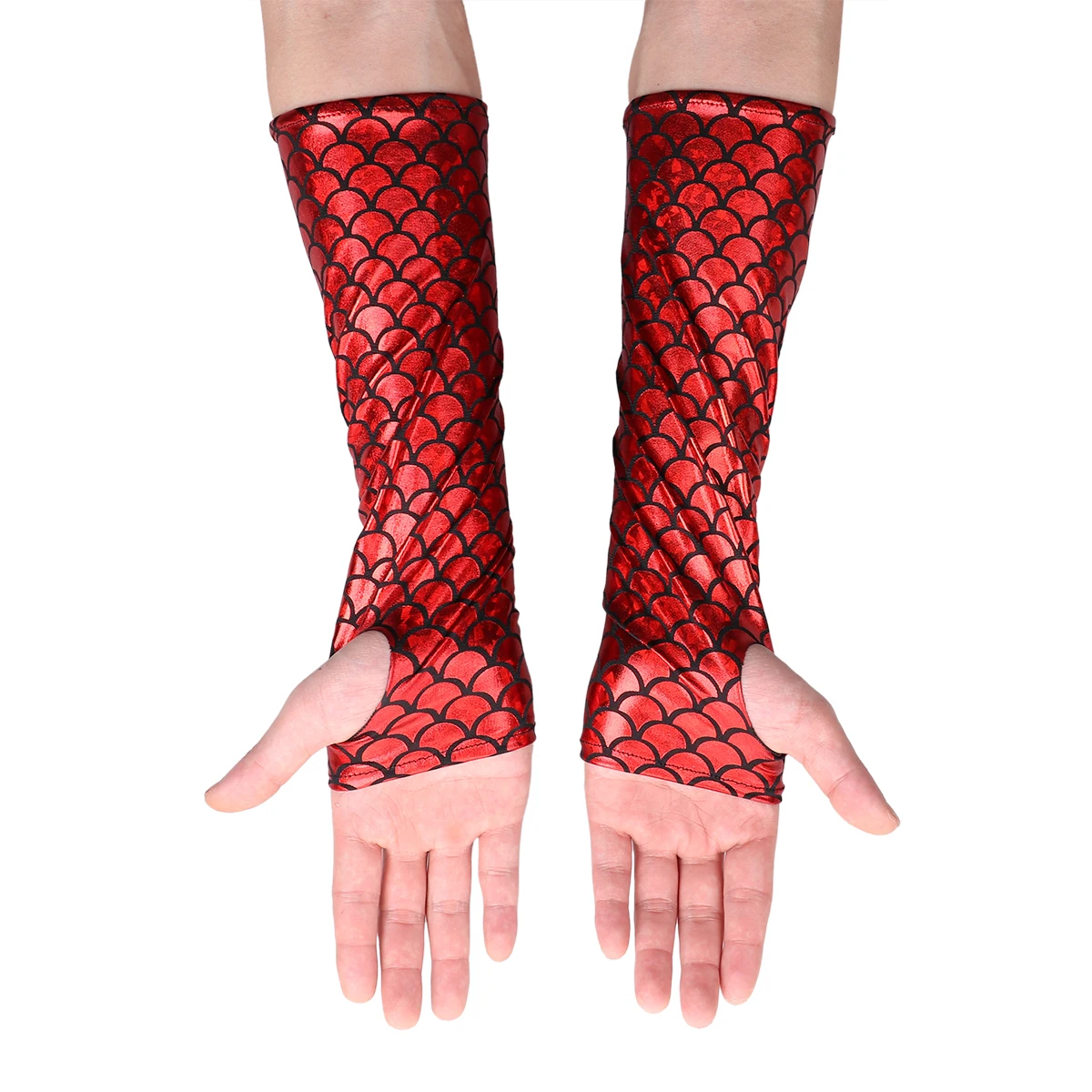 Adult Mermaid Arm Sleeves Gloves Fish Scale Pattern Printed Fingerless Long Gloves Arm Sleeves Halloween Costume Accessory