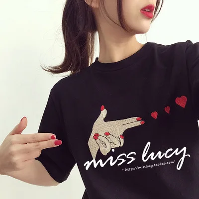 black Летняя модная футболка с короткими рукавами и принтом любви Kawaii Harajuku 90 s женская футболка Корейская одежда футболка с круглым вырезом для женщин - Цвет: black