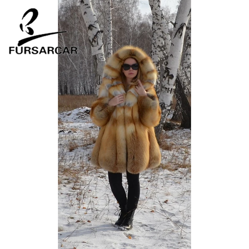 FURSARCAR 75 см длинное пальто из натурального Лисьего меха Женское зимнее толстое