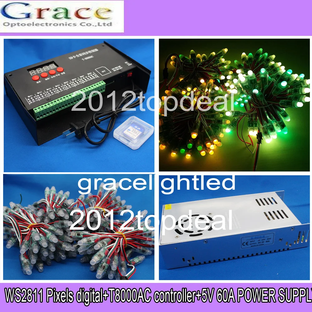 WS2811 12 мм led RGB пикселей цифровой + T8000AC контроллер 5 В 60A 300 Вт комплект питания|kit|kit