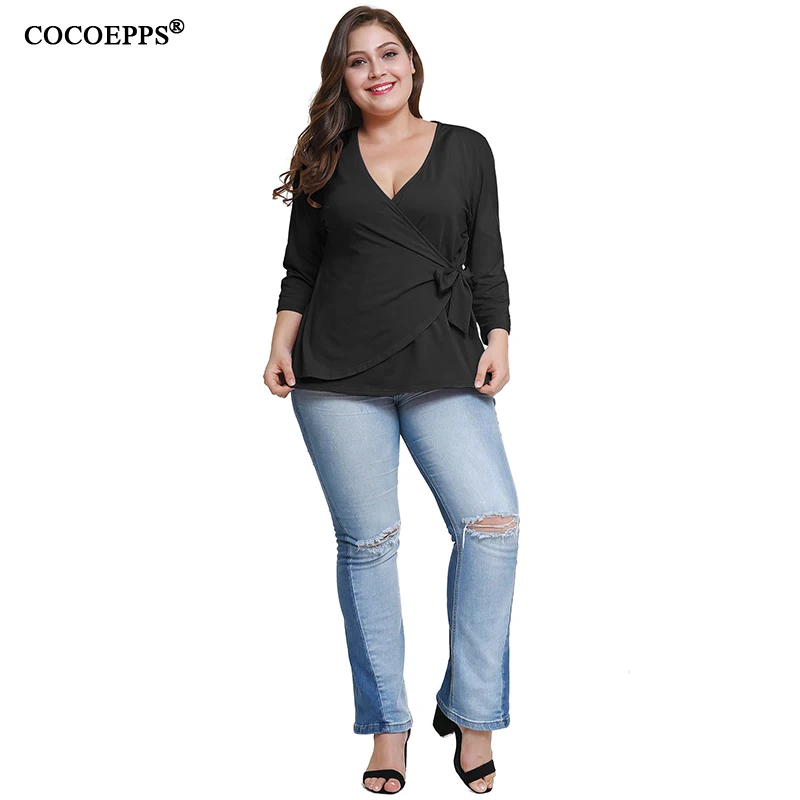 

2019 Plus Size Casual Woman Tops V Neck 3/4 Sleeve Tee Shirt Vintage Women Loose Lace-up Fitted Waist Retro Tops Shirt