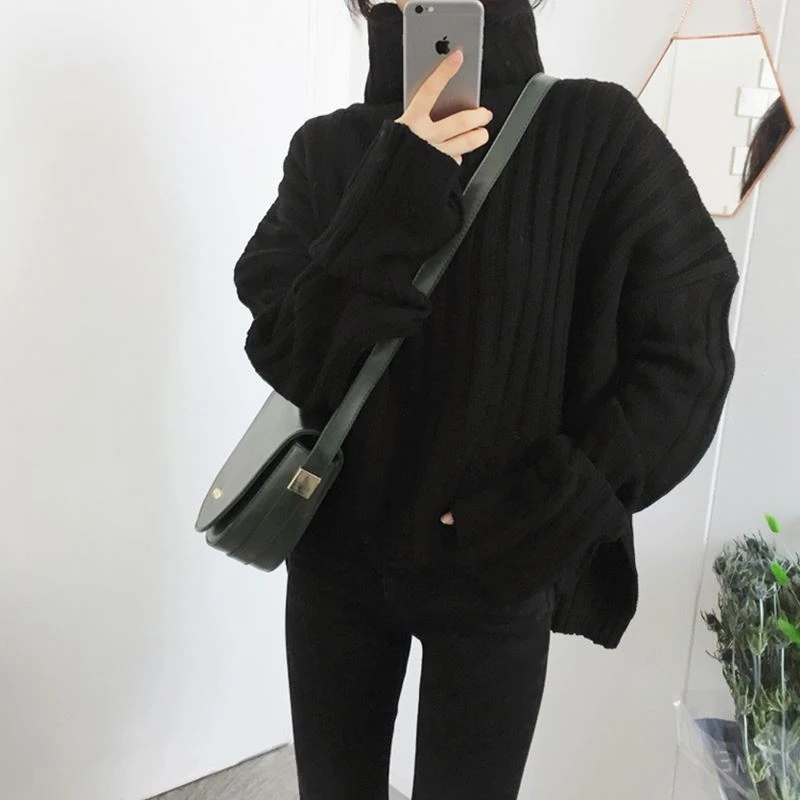 

2019 Fashion Casual Autumn And Winter Women Turtleneck Knitted Sweaters Female Vintage Split All-match Pullover Knitwear Tops Q1