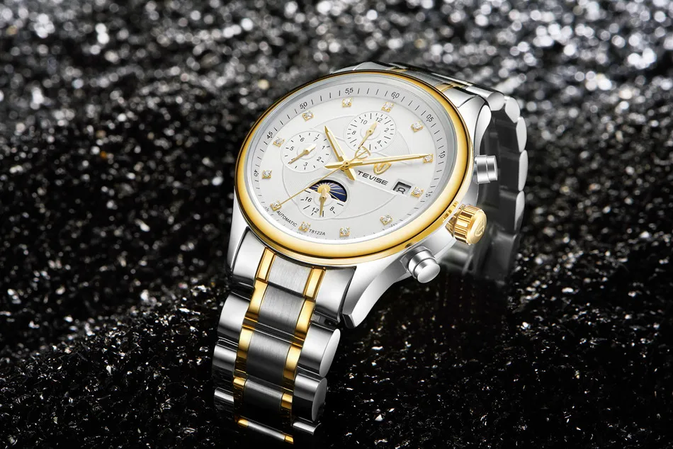 Марка TEVISE Для мужчин часы Moon Phase автоматические часы механические часы Для мужчин модные Повседневное Нержавеющая сталь наручные часы relogio