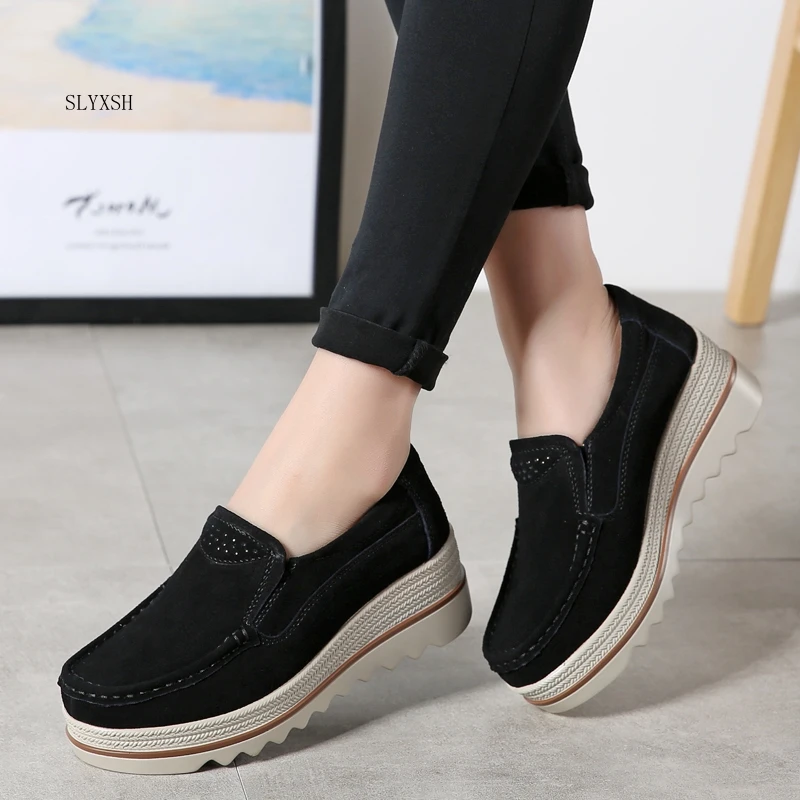 

SLYXSH 2019 Autumn women flats shoes platform sneakers shoes leather suede casual shoes slip on flats heels creepers moccasins