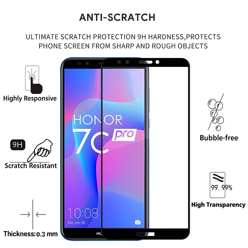 Закаленное стекло с полным покрытием для Huawei Honor 7C Pro RU 2 шт. 100% Оригинальная версия