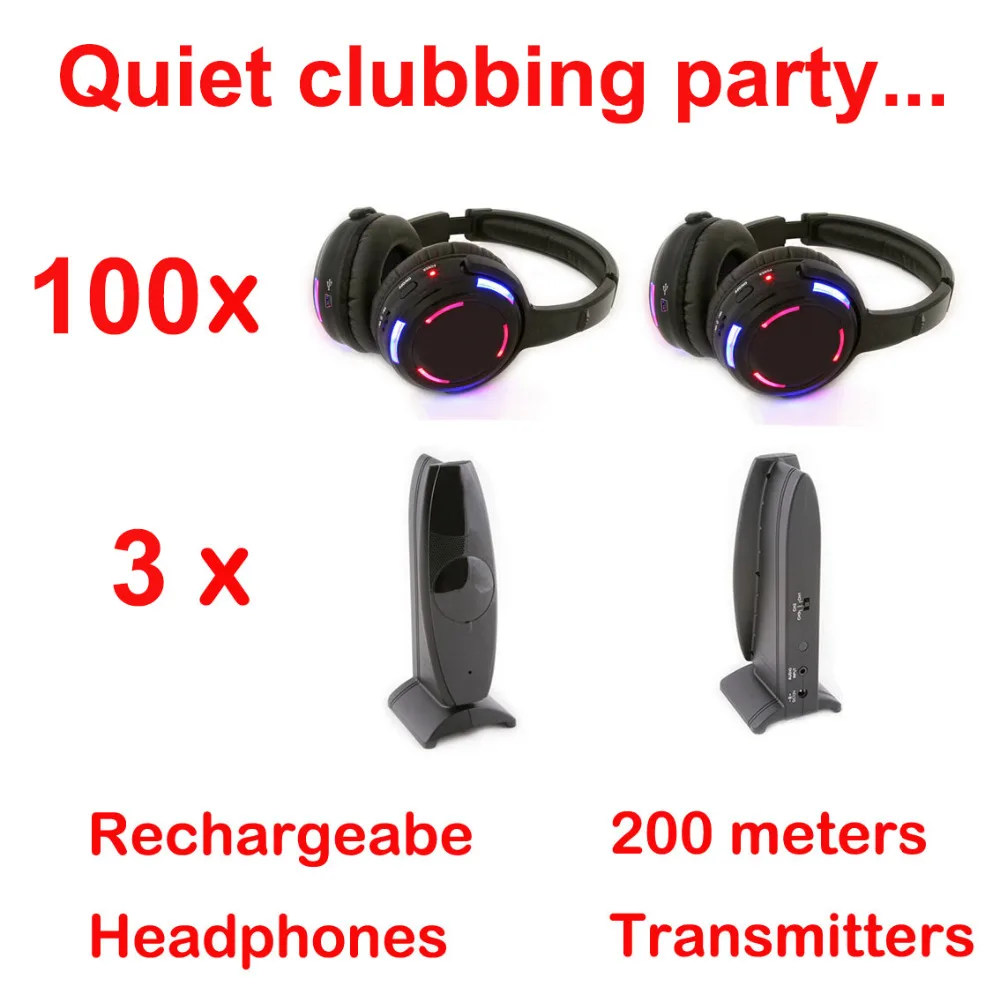 

Silent Disco Complete System Black Led Wireless Headphones - Quiet Clubbing Party Bundle (100 Headset + 3 Transmitters)