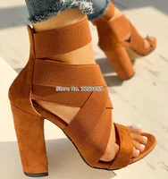 ALMUDENA Top Brand Brown Black Elastic Band Chunky Heel Sandals Cross Strappy Cut-out Cage Shoes Gladiator Dress Pumps Dropship