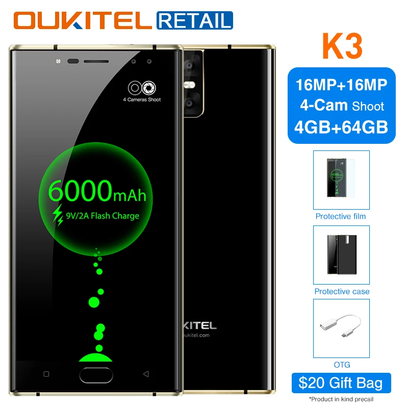 Oukitel K3 5 дюймов мобильный телефон FHD Android 7 0 Octa Core 4G B + 6 6000 мАч 4 камеры 16MP 2MP спереди