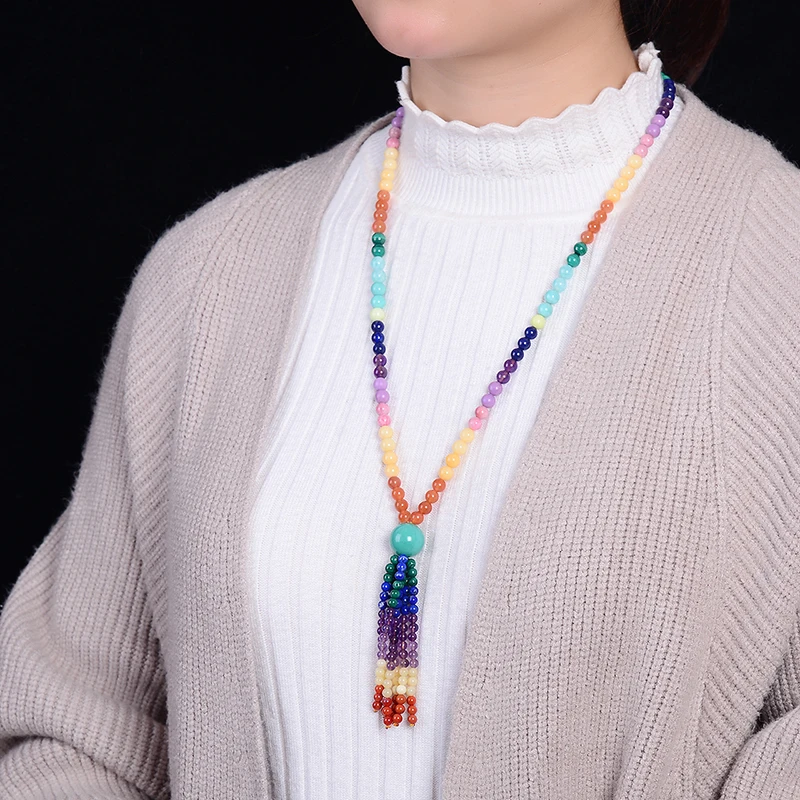 

Rainbow color Natural Crystal Necklace Beads with Tassel pendant Ladies Gift sweater chain Necklace Fashionable charm Jewelry