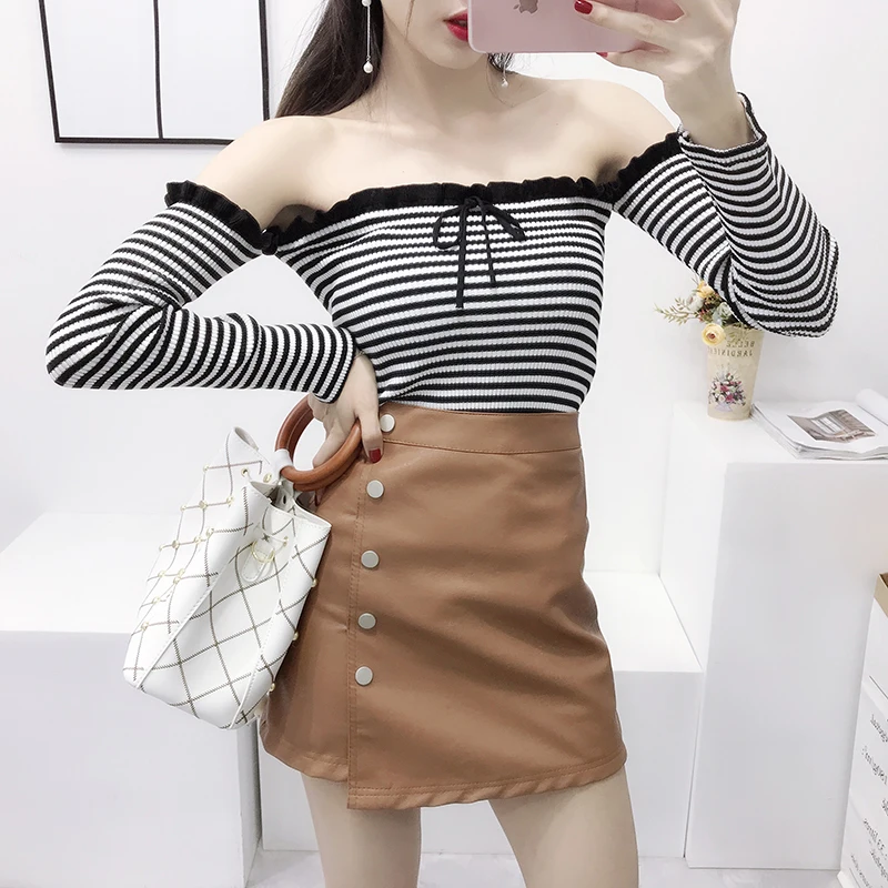 ALPHALMODA Pullovers Off-shoulder Sexy Striped Sweater Long-sleeved Slim Fit Ladies All-match Spring Casual Crop Jumper | Женская одежда