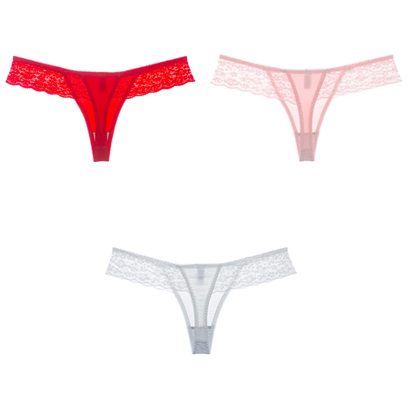 red pink grey 3 шт., сексуальное кружевное женское нижнее белье, хлопковые женские трусики с Т-образной спинкой, одноцветные мягкие кружевные стринги для женщин, бесшовные хлопковые стринги - Цвет: red pink grey