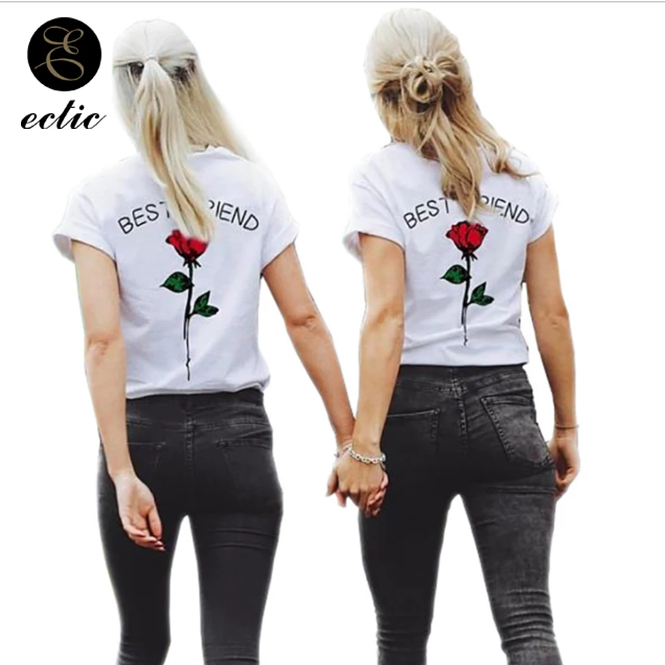 

Best Friend Tee Shirts Slogan Plain Rose Tshirt Back Print Couples Matching Clothing Harajuku Kawaii T Shirt Women Short Sleeve