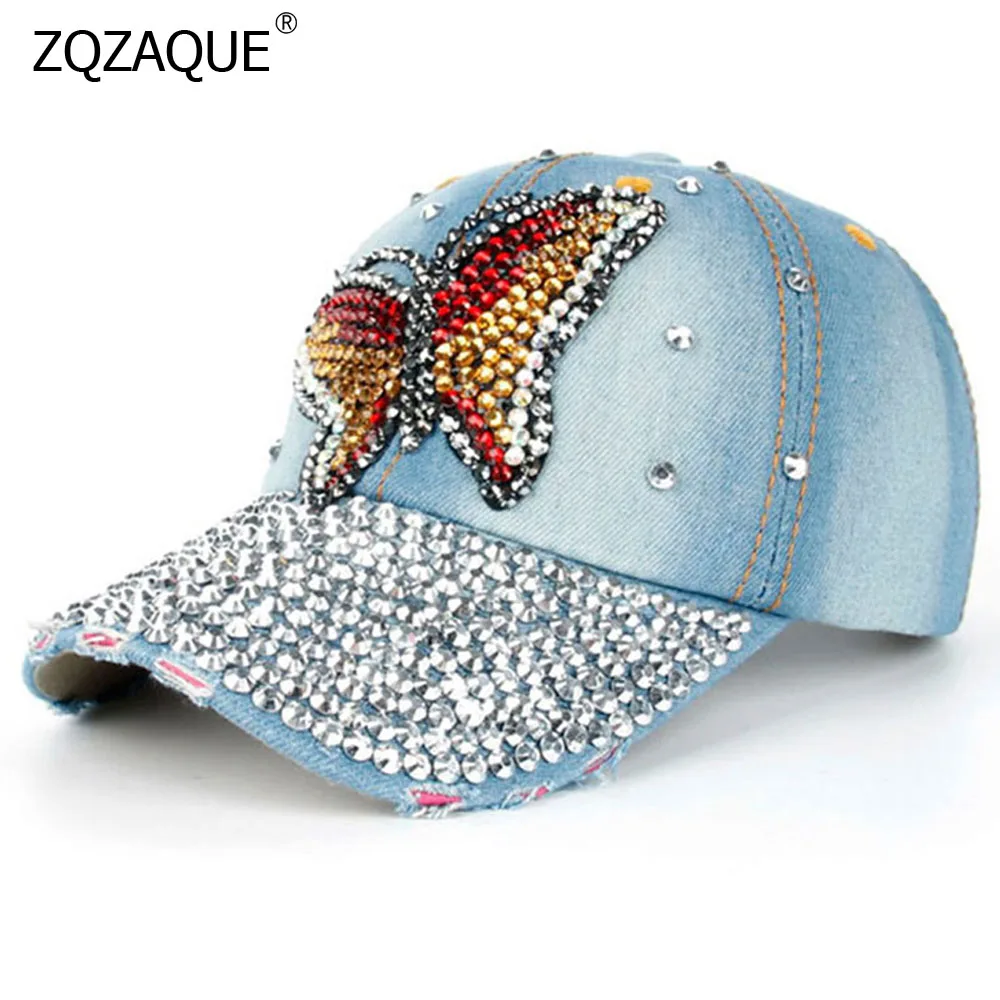 

New Arrival Luxury Diamonds Baseball Caps Girl's Fashion Summer Beautiful Butterfly Pattern Caps BLING Beading Denim Hats YJ07