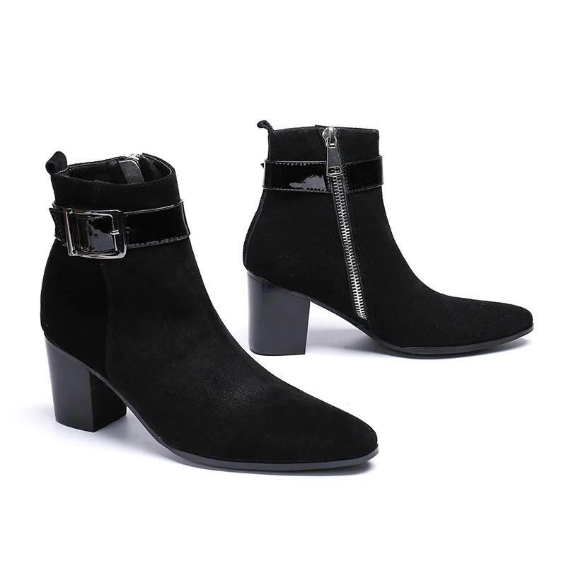 Мужские черные ботинки челси Bota masculina из натуральной кожи на высоком каблуке