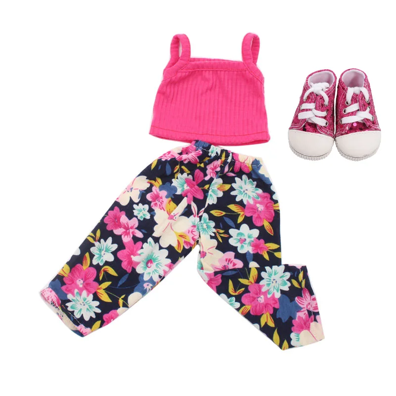 Magenta 18 дюймовая кукольная одежда для девочек, повседневный костюм, кружевная юбка, футболка с обувью, американское платье для новорожденных, детские игрушки, подходят для 43 см, детские куклы c52 - Цвет: Magenta