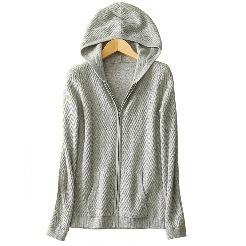 100% Cashmere Sweater Women Hooded Cardigans Zipper Long Sleeves 2 Colors Ladies Casual Coat Knitwear New Fashion |