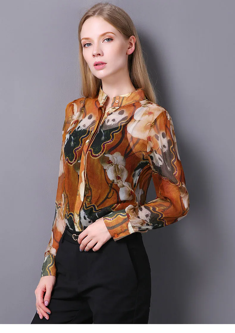 100% шелковая шифоновая рубашка женская из шелка тутового шелкопряда с цветочным