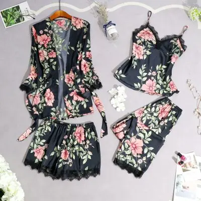 black 4pcs Качественные пижамы для женщин комбинезон с принтом 4 шт шелковые пижамы набор атласная пижама Шорты Сексуальная кружевная пижама ночная рубашка домашняя одежда - Цвет: black 4pcs