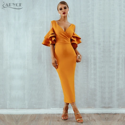 Yellow Adyce, новое летнее женское Клубное платье, Vestidos, вечерние платья знаменитостей, желтое, красное, с рюшами, с бабочкой, с коротким рукавом, миди, Клубные платья - Цвет: Yellow
