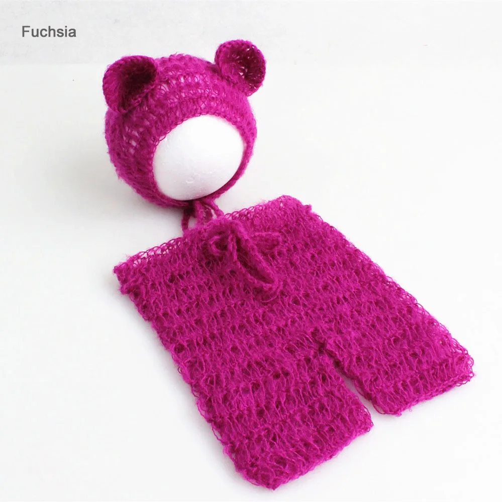 Fuchsia Мохеровый реквизит для новорожденных, костюмы, шапка/шапка+ штаны с оборками, милый Мишка, Bebe, комплект из 2 предметов, детские вязаные фото аксессуары - Цвет: Fuchsia