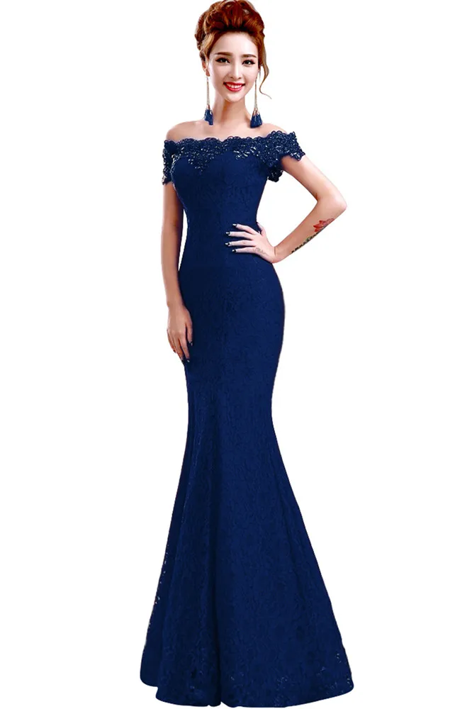 Navy Blue ЗЕЛЕНЫЕ КРУЖЕВНЫЕ Длинные Выпускные платья Русалка с открытыми плечами вечерние платья Украшенные бисером vestidos de gala - Цвет: Navy Blue