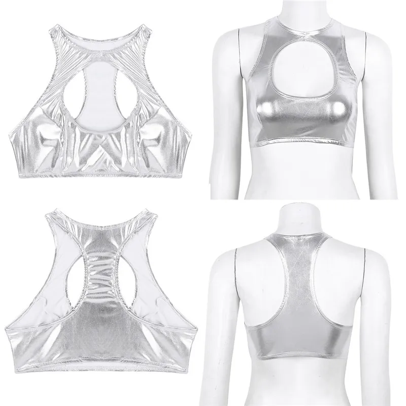 Женский Блестящий короткий топ ChicTry из искусственной кожи без рукавов костюм для