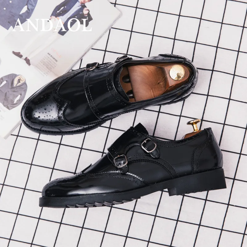 ANDAOL Men's Leather Casual Shoes New Double Belt Buckle Bright Breathable Oxfords Luxury Business Office Slip-On | Обувь