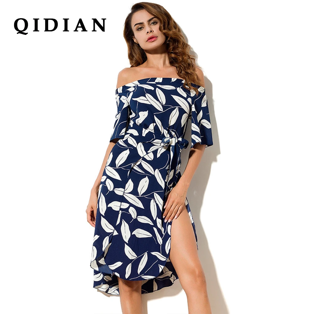 QI DIAN Fashion Floral Print Sexy Party Evening One Word Collar Dress Women Slim Summer Sundress Beach Dresses Y-08 | Женская одежда